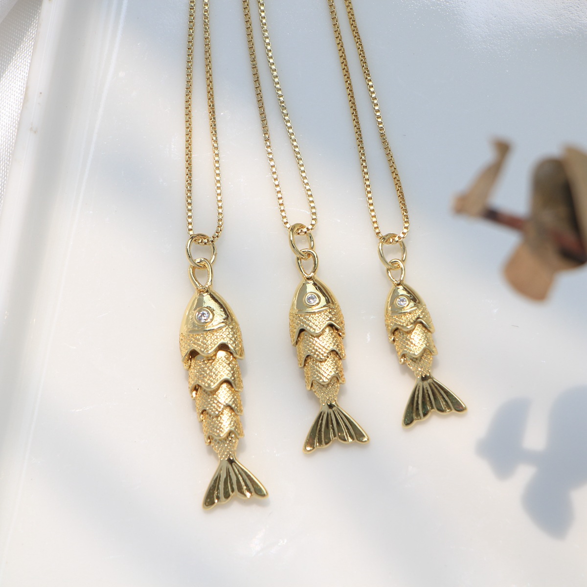 Copper Pendant Material Wholesale Jewelry IG Style Retro Fish Copper Box Chain Pendant Necklace