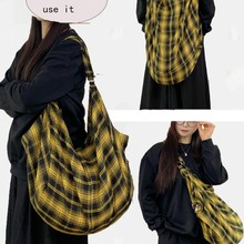 个性布袋子托特包女2026新款格子多种背法大容量双肩包单肩斜挎包