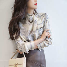 衬衫女长袖春季2025新款蝴蝶结洋气印花衬衣宽松设计感法式上衣潮