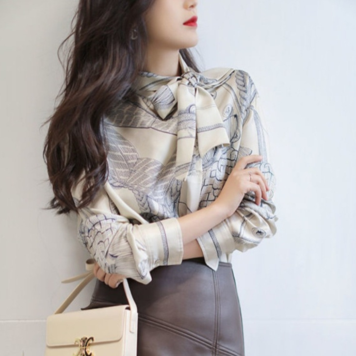 Shirt Women's Long-sleeved Spring 2025 New Arrival Bow Styline Printed Shirt Loose Design French Style Top Trendy