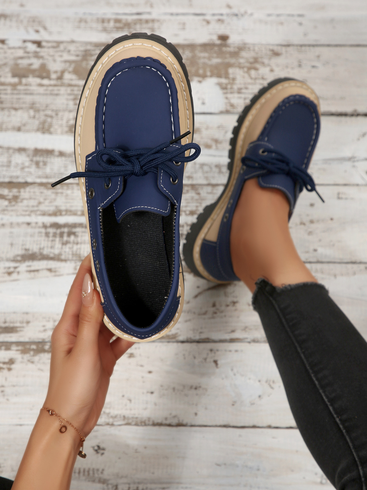 Women's Colour Block Loafers Lace Up Thick Sole Platform Shoes_voghion.com