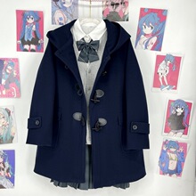 原创毛呢大衣秋冬女学生装学院风绀色连帽加厚夹棉牛角扣大衣现货