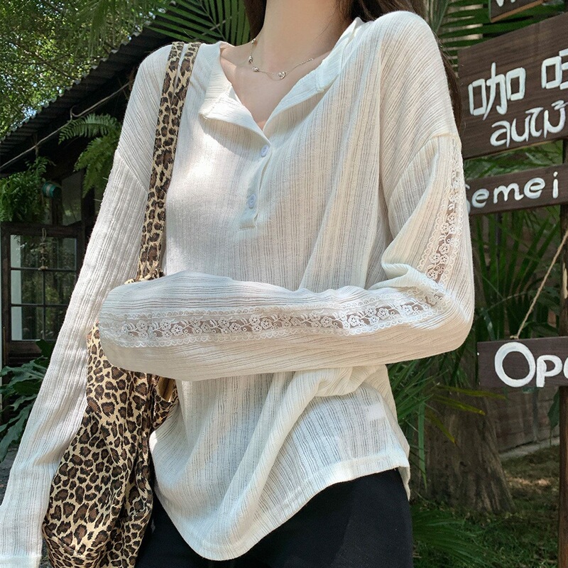 [Original Jacquard Fabric] Korean-style half-button sun-protective T-shirt for women, thin summer top with cut-out design, made of mohair