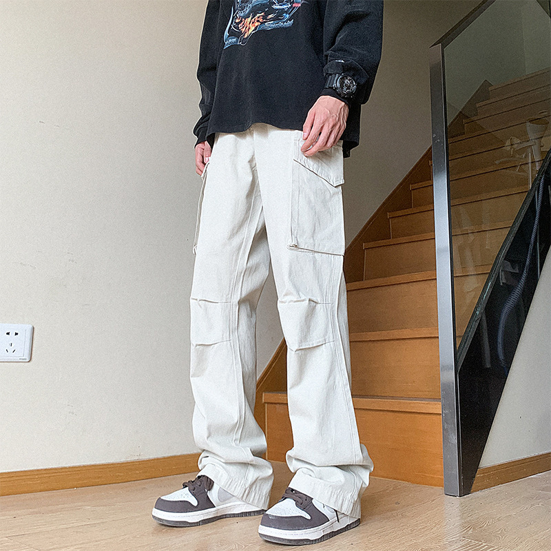 Pantalones americanos de moda masculinos rectos y sueltos de alta calle retro de piernas anchas de tope de piso de micro cuerno pantalones de trabajo casuales