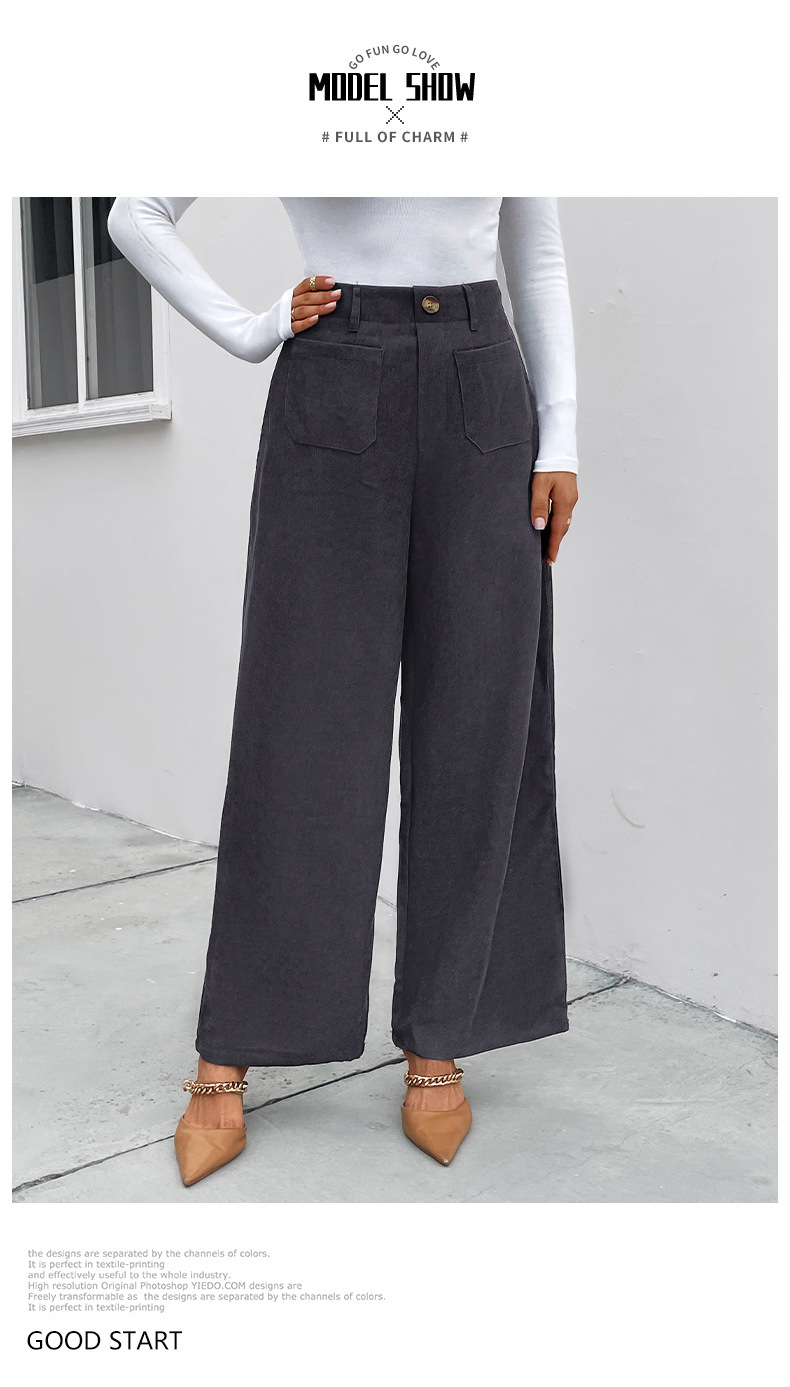 women's autumn and winter loose casual pants commuting high-waisted wide-leg pants corduroy casual button trousers_voghion.com