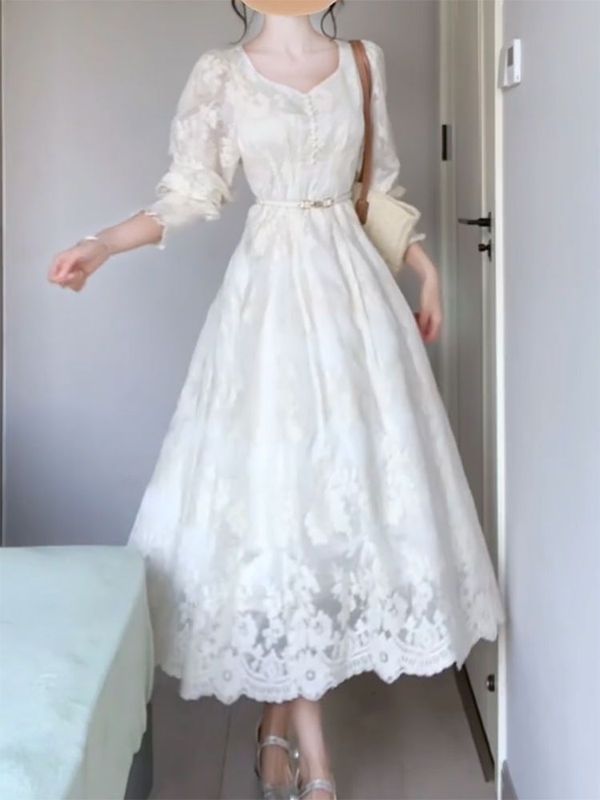 2025超美品、超人気、フレンチスタイル、フレンチウエスト、女性用白レースドレス、春|undefined