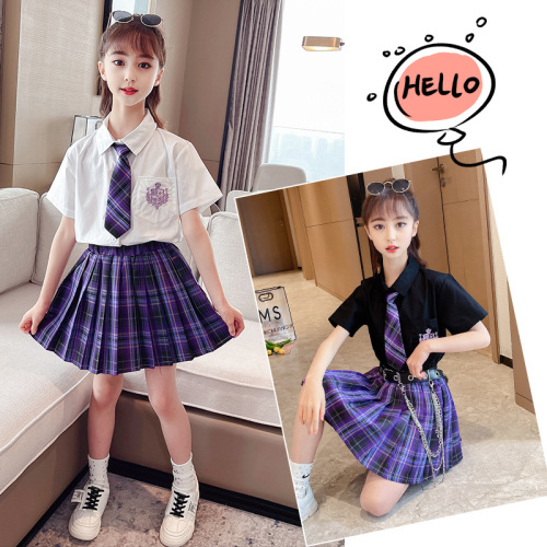 Ladies' Summer JK Uniform Set Anime Dark Short-Sleeve Shirt Academic Style Trendy Pleated Skirt Two-Piece Set