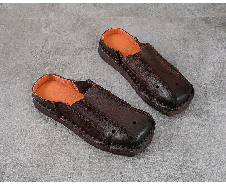 Dép sandal nữ bít mũi đế bệt da mềm phong cách cổ điển — màu nâu chi tiết 13