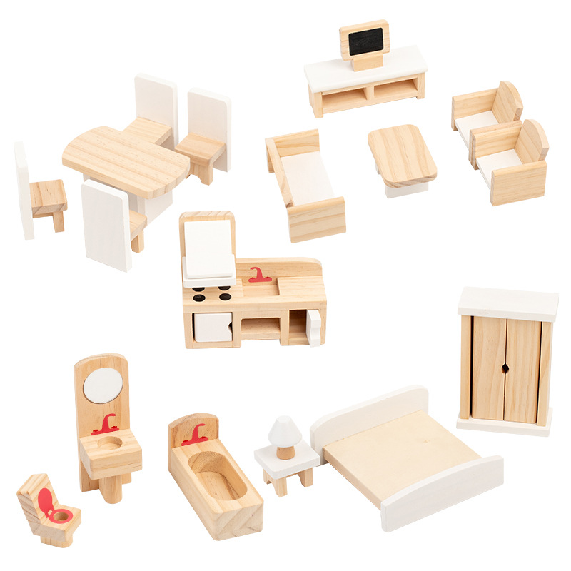 Simulación de niños transfronterizos pequeños muebles de madera maciza modelo de muñeca sala de accesorios de escena juego de juguetes de puzzle