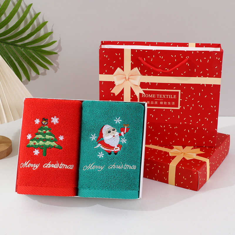 Christmas Towel Gift Box Set Pure Cotton Christmas Embroidered Kitchen Towel Custom Export Holiday Gift Christmas Towel