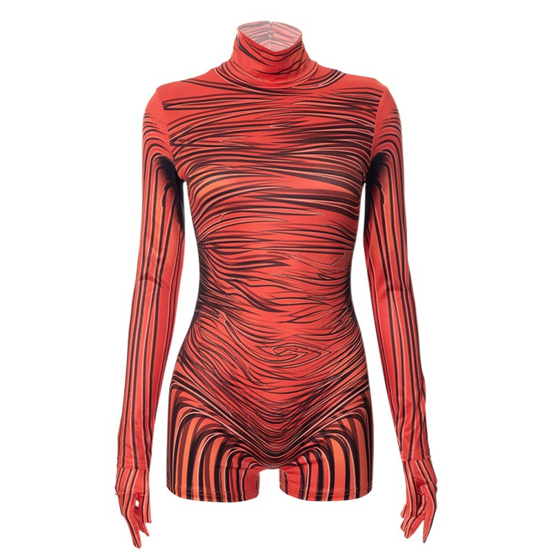 Estilo europeo y americano 2024 ropa de mujer nuevo estilo estampado cuello alto cintura alta bolso delgado cadera pantalones cortos casuales de una pieza para mujer