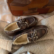 牛皮版~复古英伦风做旧擦色保暖加绒乐福鞋女真皮圆头系带小皮鞋