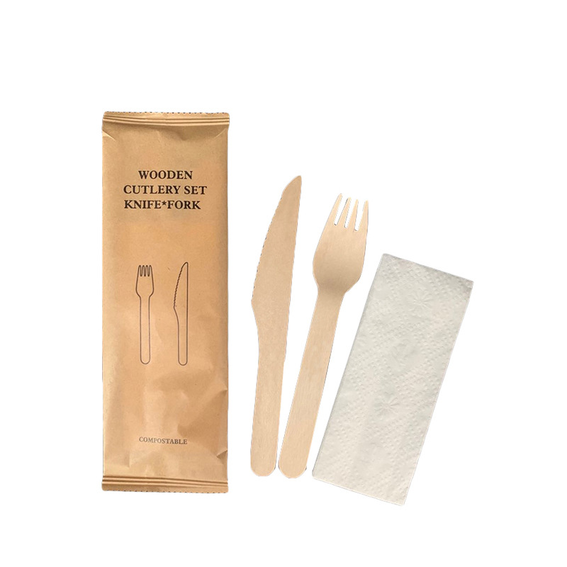 160 Juego de vajilla desechable de comida occidental degradable Juego de servilletas de madera con cuchillo, tenedor y cuchara Vajilla para llevar