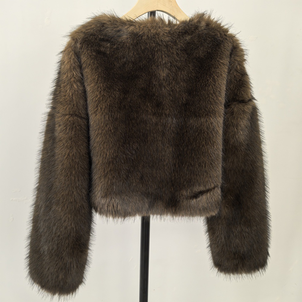 Damenbekleidung, umweltfreundlicher Kunstpelzmantel, kurze Winterjacke, weicher Plüsch, Rundhalsausschnitt, modische Oberbekleidung, benutzerdefinierte Farben (Weiß/Creme, Grau/Creme, Braun)_voghion.com