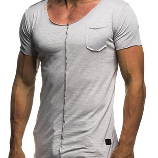 New Men's Fashion Round Neck Splicing Raw Edge T-Shirt Men's Summer Casual Sports Short Sleeve T-Shirt