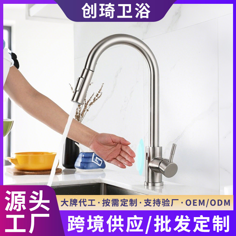 Customized Stainless Steel Kitchen Pull-Out Faucet with Universal Adjustable Rotation for Sink and Basin, Hot and Cold Water Faucet