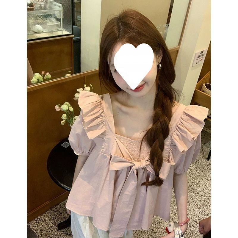 Французская милая рубашка с квадратным вырезом, маленькими летящими рукавами и рюшами, летняя женская новинка 2025 года, абрикосовая юбка, кукольный топ