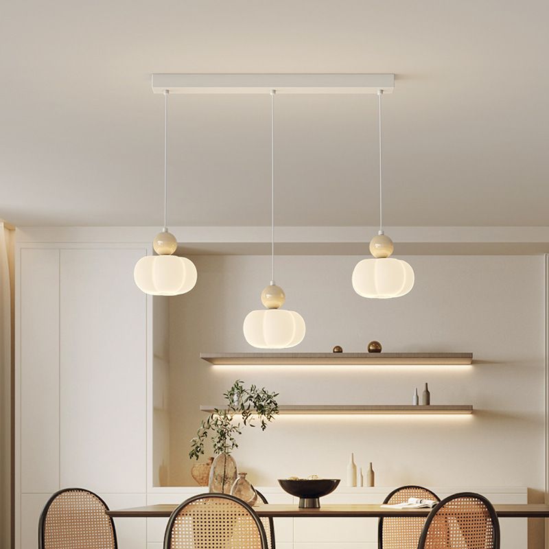 Restaurant Chandelier Simple Modern Cream Style Three-Head Pumpkin Dining Table Bar Dining Chandelier Minimalist Dining Room Lamp Bedroom Lamp