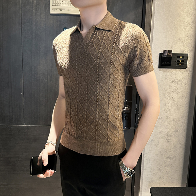 Camisa POLO cuello en V manga corta hombre textura en forma de diamante sentido negocio británico delgado verano hielo seda marea comercio exterior transfronterizo al por mayor