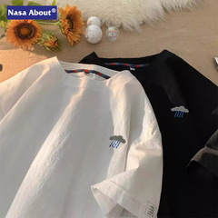 NASA刺绣棉麻短袖T恤男士夏季宽松大码廓形衣服潮牌男款亚麻半袖