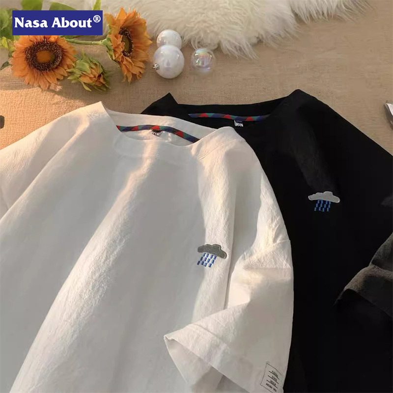 NASA Embroidered Cotton and Linen Short-sleeved T-shirt Men's Summer Loose plus size Profile Clothes Trendy Brand Men's Linen Half-sleeved