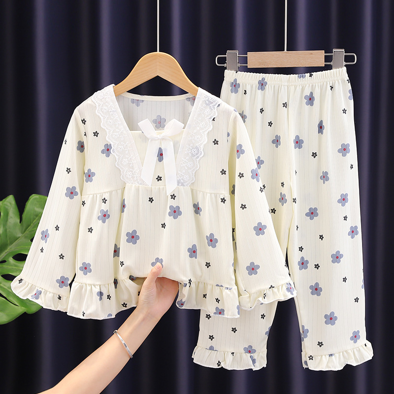 Children's pajamas girls' square collar long sleeve spring and autumn Korean style cute cartoon princess style children's home wear suit