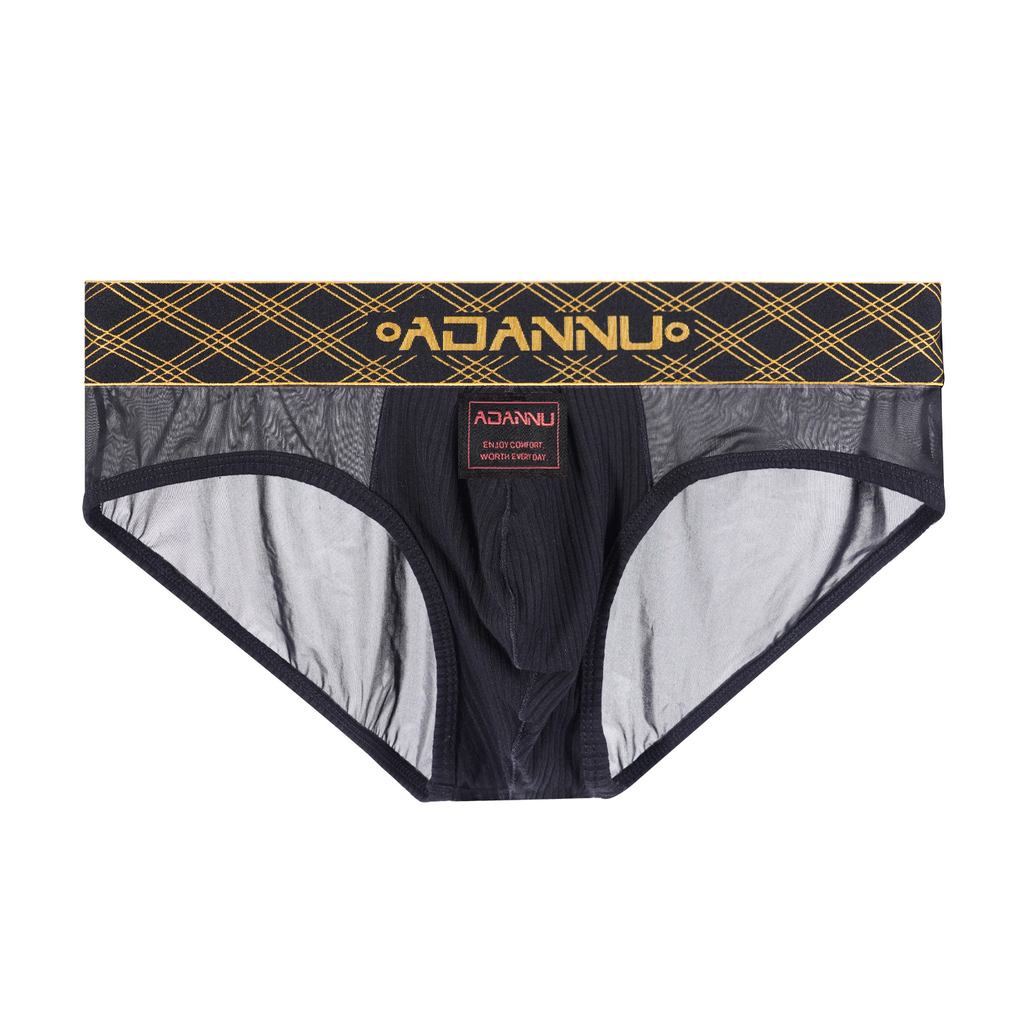 Cueca boxer masculina transparente com cós dourado, em tela sexy, ideal para esportes e fitness, confortável e com fácil liberação._voghion.com