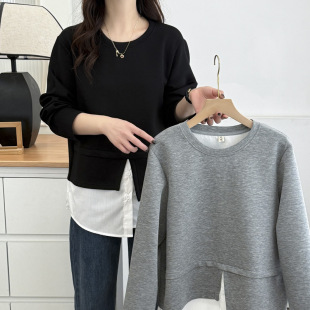 Shoulder Sweaters Women's plus size 2025 Spring New chubby girl Fashion Irregular Stitching Design Fake Two-piece Top