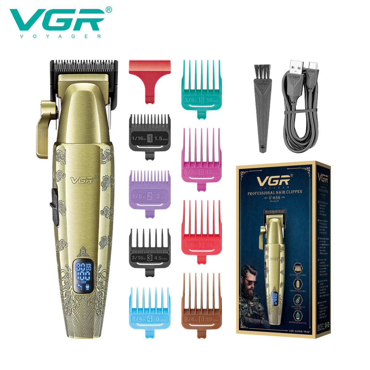 VGR036 Professional Metal Hair Clipper for Men Digital Display Electric Rechargeable Trimming Tool High Power Salon Quality_voghion.com