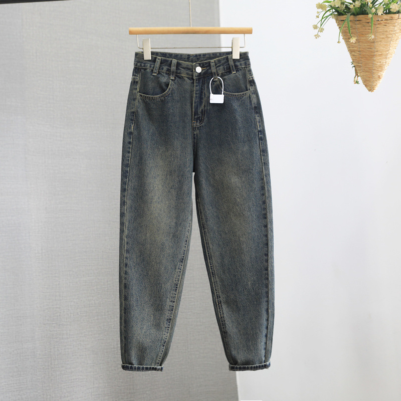 14589-point cement grey Harlen daddy plus velvet jeans for women in autumn and winter new style 150 small person with high waist and slim