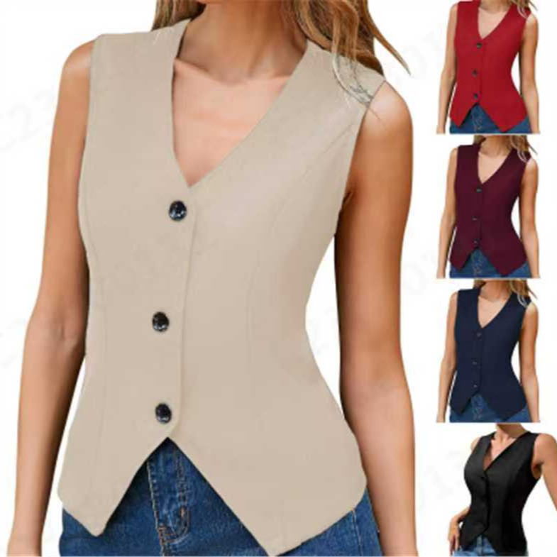 New European and American Pure Color Front Button V-Shaped Hem Solid Front Lapel Back Strap Elegant Fashion Top 2025 Trend
