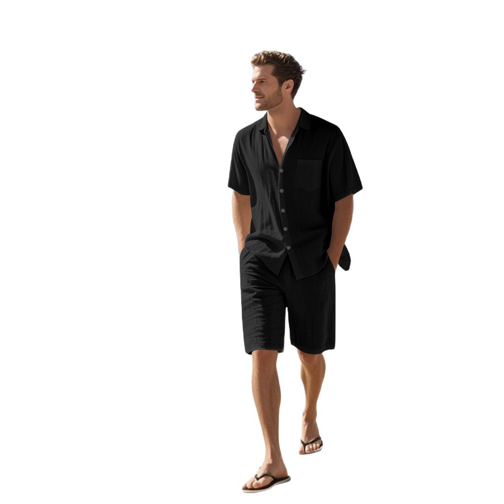 Leinenhemd und Shorts für Herren – Atmungsaktives Sommer-Freizeitoutfit, bequeme Passform, einfarbige Strandbekleidung für Reisen_voghion.com