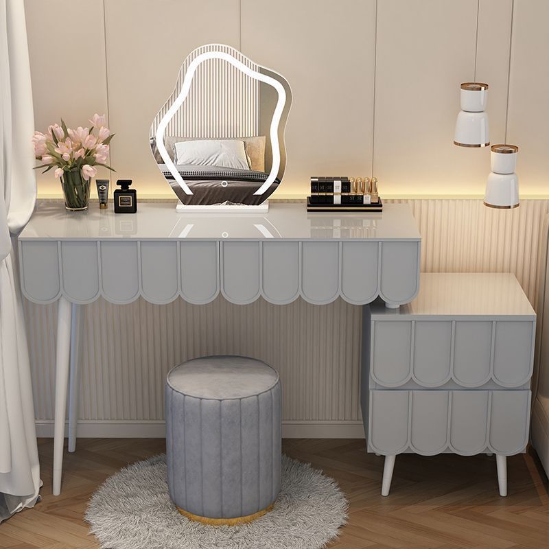 Mesa gris 121 + Gabinete + espejo de nubes + taburete redondo gris
