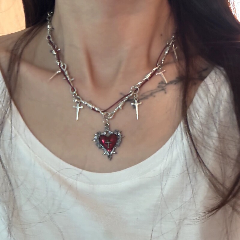 Sweet and Cool Thorn Entangled Necklace Red Heart Metal Punk Clavicle Chain Sexy Y2K Cross Accessories Sweet and Cool Thorn Entangled Necklace Red Heart Metal Punk Clavicle Chain Sexy Y2K Cross Accessories