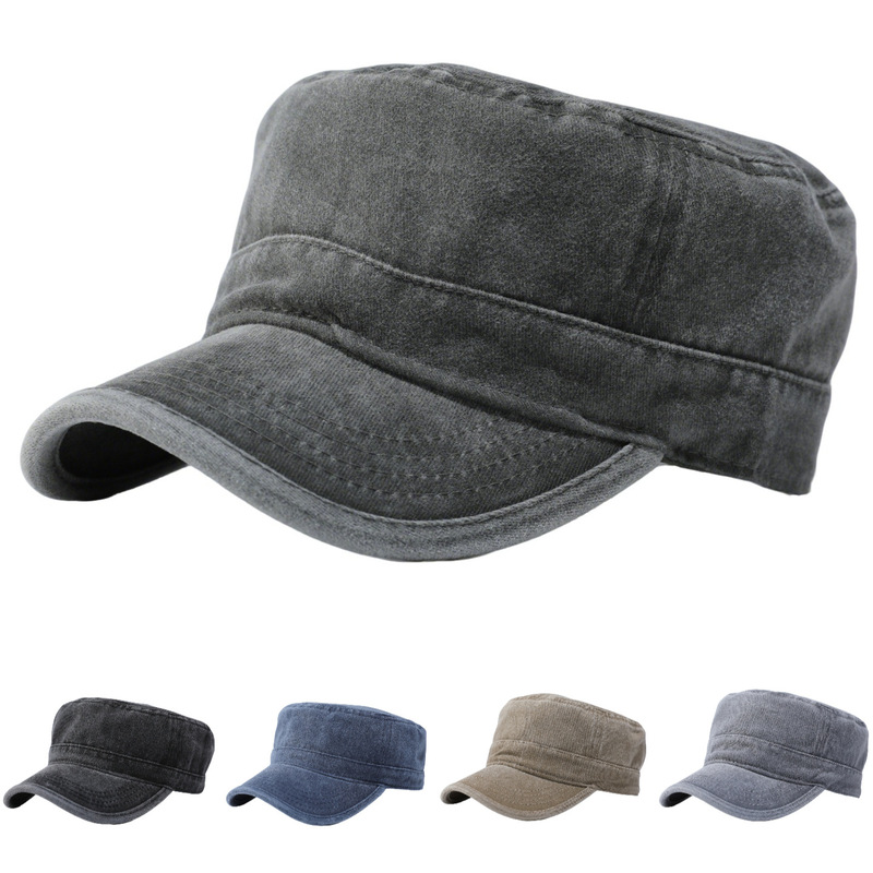 American-Style Flat-Top Hat, Washed Cotton Military Training Solid Color Military Cap, Men's Summer British Style Baseball Cap, Sunshade and Sun Protection Peaked Cap