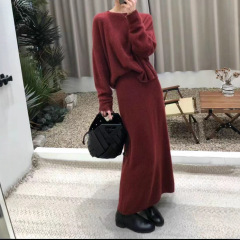 秋冬新款法式圆领纯色毛衣女宽松休闲慵懒风百搭半身裙+套头两件