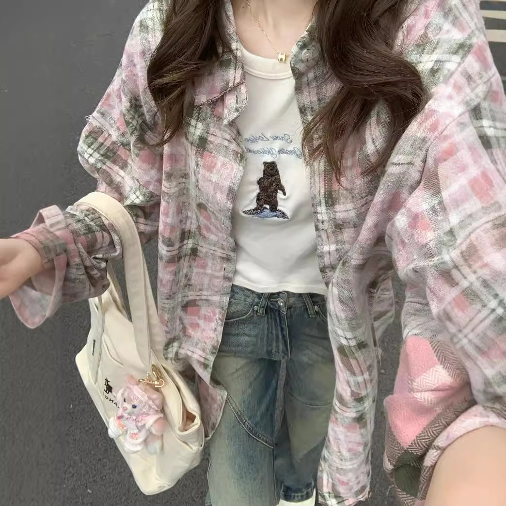 Autumn and Winter Pink Contrasting Artistic Plaid Shirt Jacket Female Student Autum Design Cardigan Shirt Top