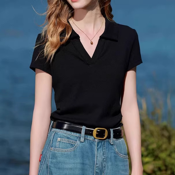 2026 Spring New Style V Neck Short-Sleeved T-Shirt Pullover Top Slim Fit Short Style for Women D411Cm206Z20