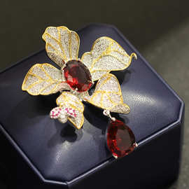 高档优雅红色锆石花卉胸针大气夸张水滴花卉别针双色金胸花女配饰