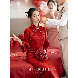 红色旗袍古法新娘高级感结婚订婚礼服出阁回门敬酒服修身女连衣裙