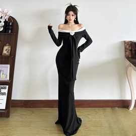 春秋季新款一字肩撞色长袖鱼尾裙女跨境气质名媛高级感显瘦连衣裙