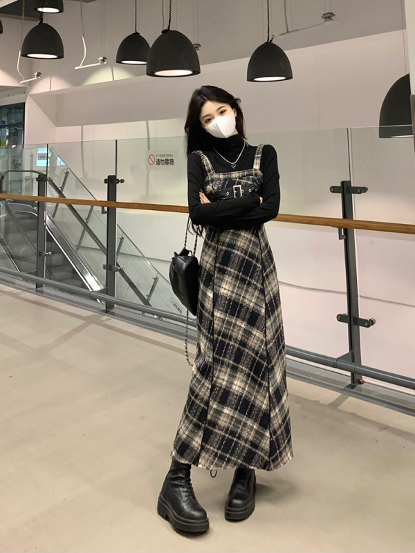 Plaid Layered Suspender Dress for Women 2025 New Autumn and Winter Large Size Fat mm Inner Bottoming Top Two-Piece Set Plaid Layered Suspender Dress for Women 2025 New Autumn and Winter Large Size Fat mm Inner Bottoming Top Two-Piece Set