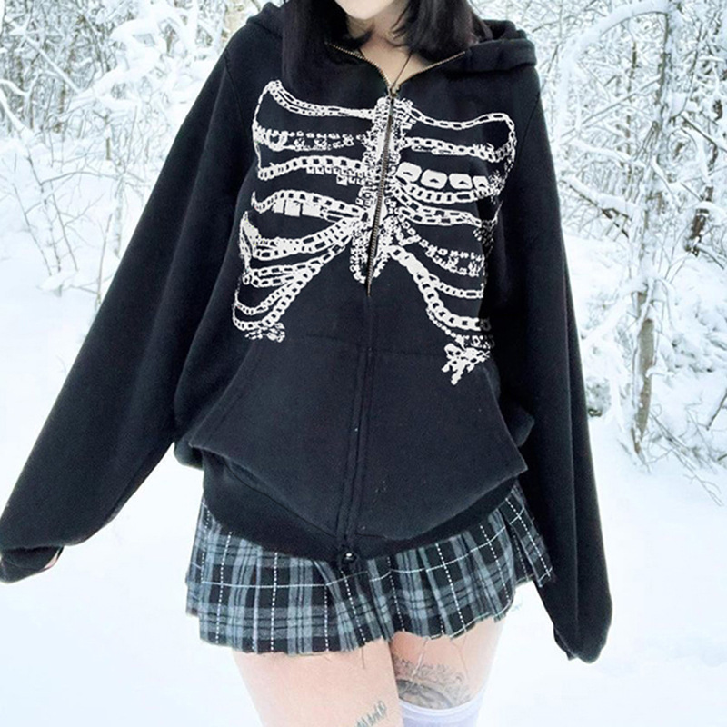 Y2K Subculture Chain Skeleton Print Loose Hooded Sweatshirt Sexy Street Niche Casual Zipper Thin Jacket
