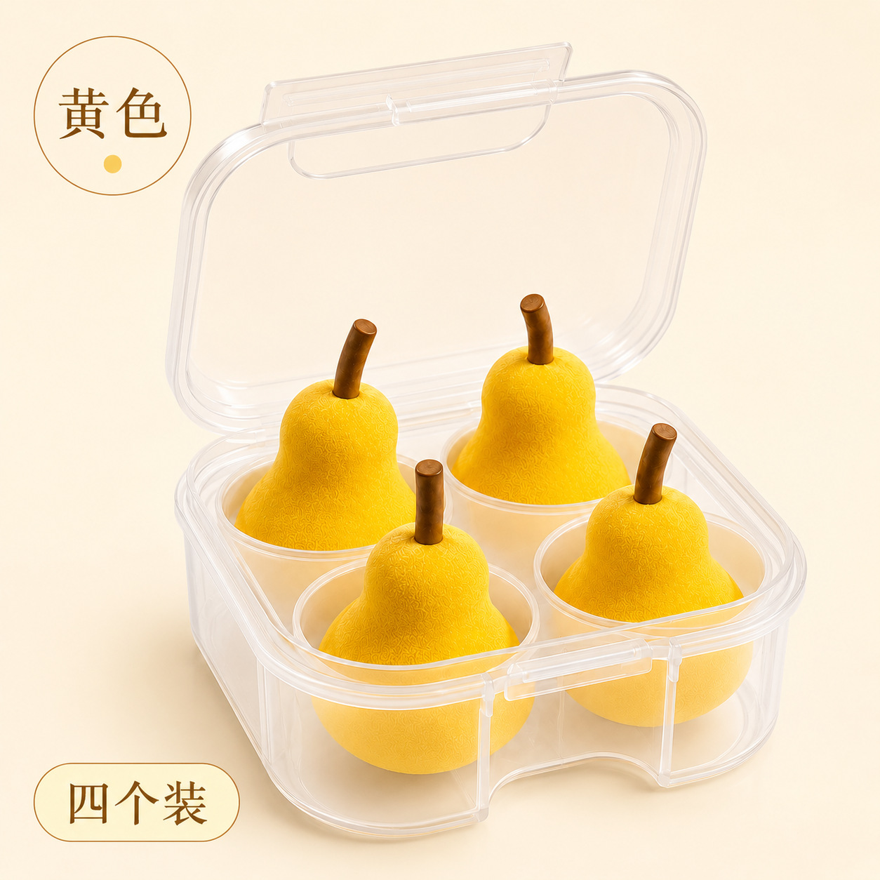 Huevos de belleza de pera en stock, 4 paquetes de polvo super suave, no comer polvo seco y húmedo, doble uso de la fruta, caja de polvo de pera al por mayor.