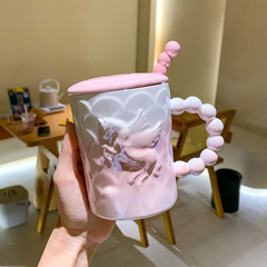 馬克杯帶蓋勺情侶高顏值女生辦公室水杯咖啡杯浮雕陶瓷杯子伴手禮