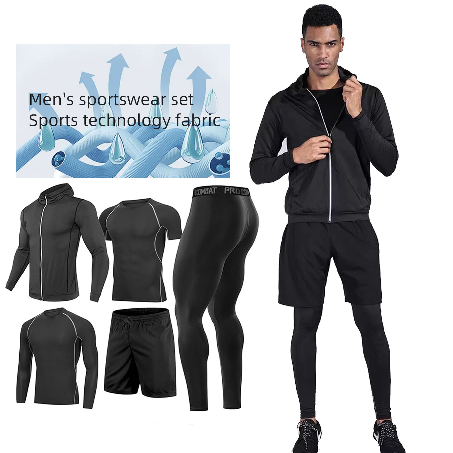 Men's Sports Suit Cross-Border Four-Season Full Set of Fitness Outdoor Running Tights Training Suit Five-Piece Set with Printed Logo
