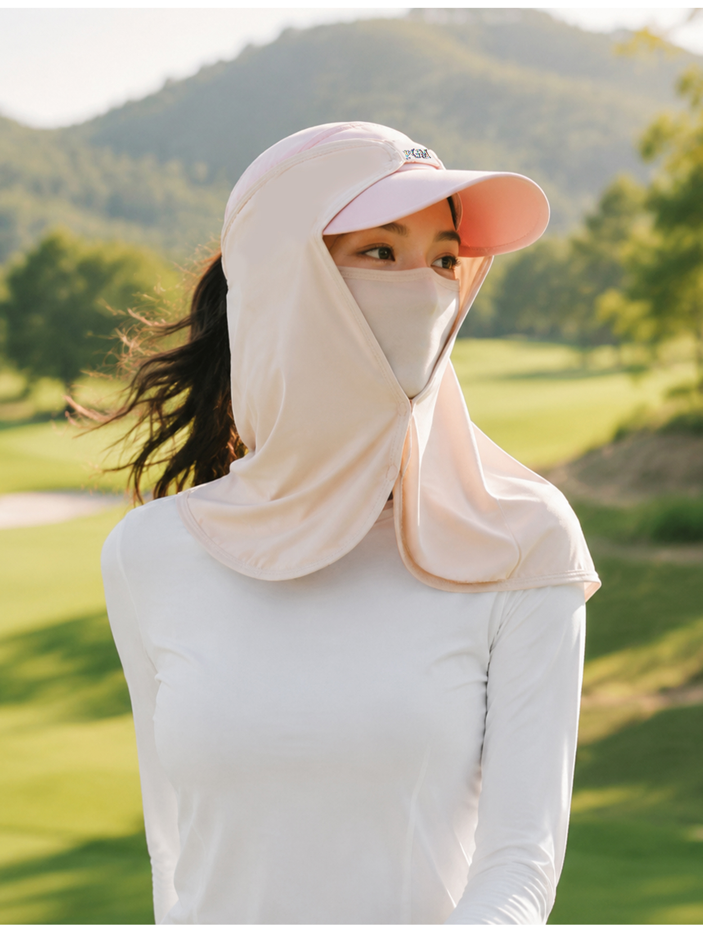Khăn trùm mặt chống nắng golf PGM vải lụa thoáng khí cho nữ — WB004-Yếm xanh nhạt, WB004-khăn quàng cổ màu da, WB004-Yếm màu hồng, WB004-Yếm trắng chi tiết 10
