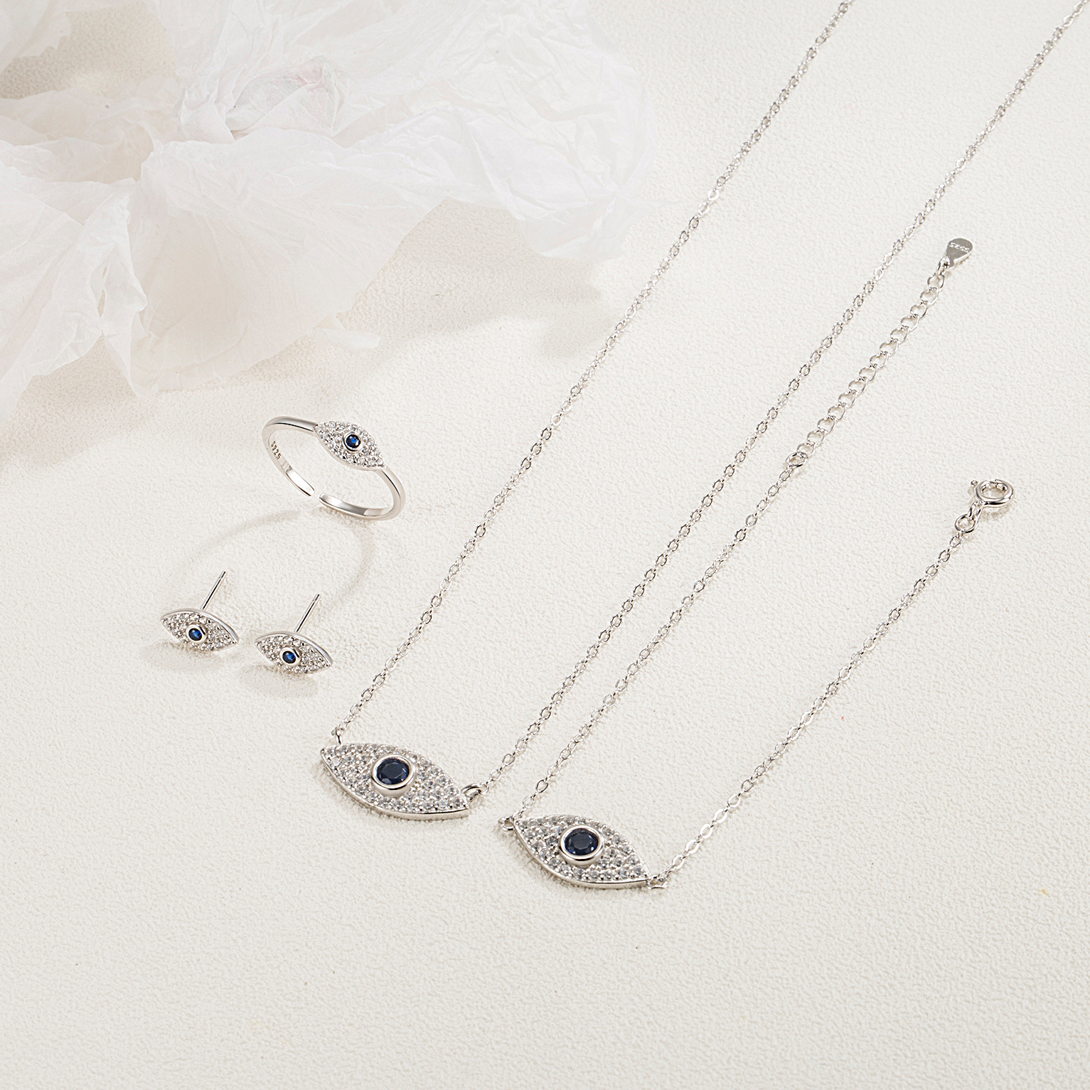 3g Weight Jewelry Set Classification Jewelry Set Quantity Banquet, Travel, Selfie Occasion 925 Sterling Silver Material Devil's Eye Pattern Women's Gender Lady, Simple Style Style Sterling Silver S925 Turkish Middle East Devil's Eye Jewelry 4-Piece Set Ornament Jewelry Set 无