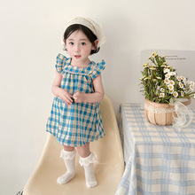 夏季童装新款女宝宝连衣裙棉质婴幼儿裙装格子飞边袖薄款儿童裙子