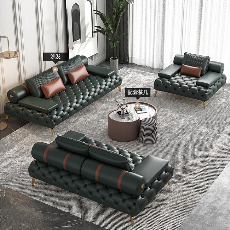 Italian Minimalist American Style Internet Celebrity Pull-Button Sofa, Light Luxury Modern Simple Villa Living Room Large and Small Apartment Leather Art Sofa